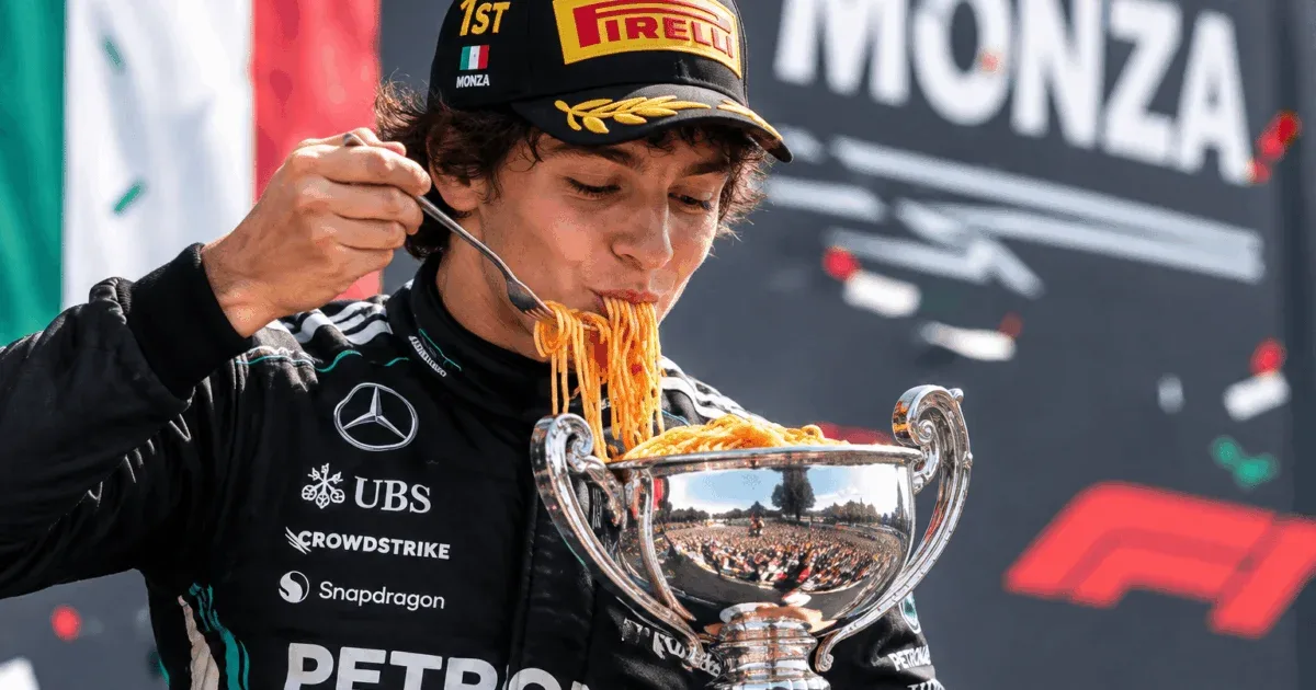 Kimi Antonelli vence em Monza após largar em 19º e comemora com espaguete